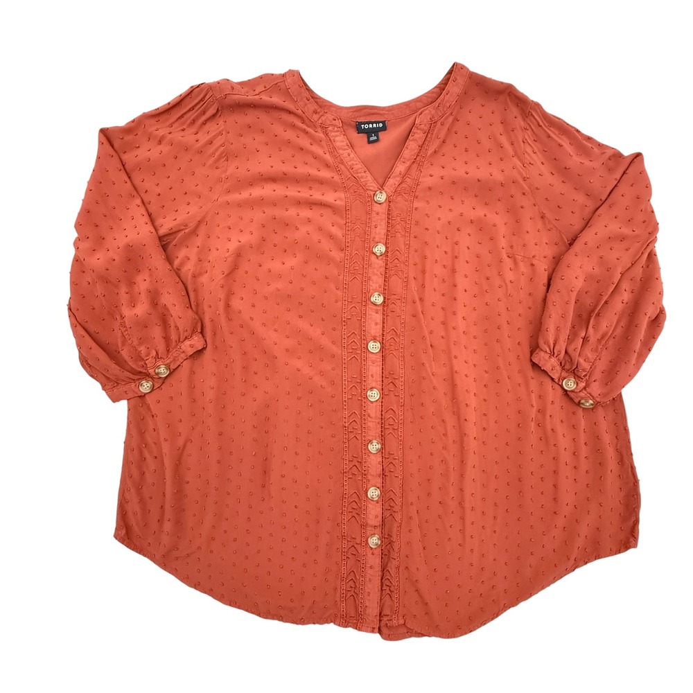 Torrid Blouse Womens 1 Orange Clip Dot Embroidered Button Down 3/4 Sleeve V-Neck